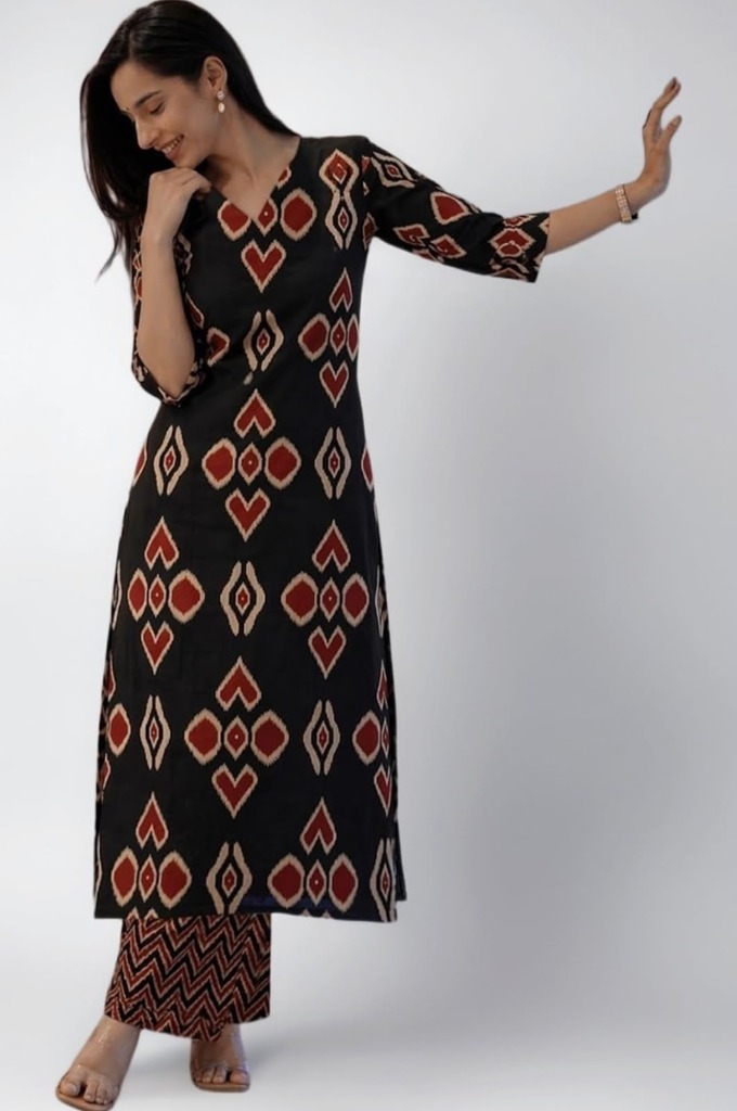 Noir Black & Terracotta Geometric Ikat Kurta & Chevron Pant Set