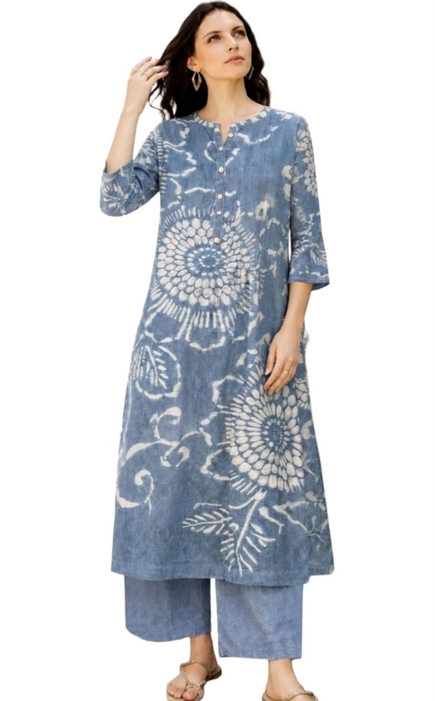 Indigo Slate Blue Floral Handblock Artisan Kurta & Pant Set