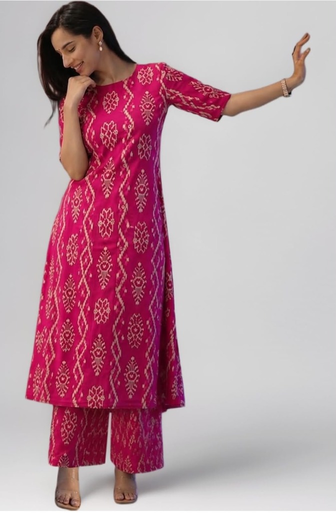 Fuchsia Pink Traditional Ikat A-Line Kurta & Palazzo Set
