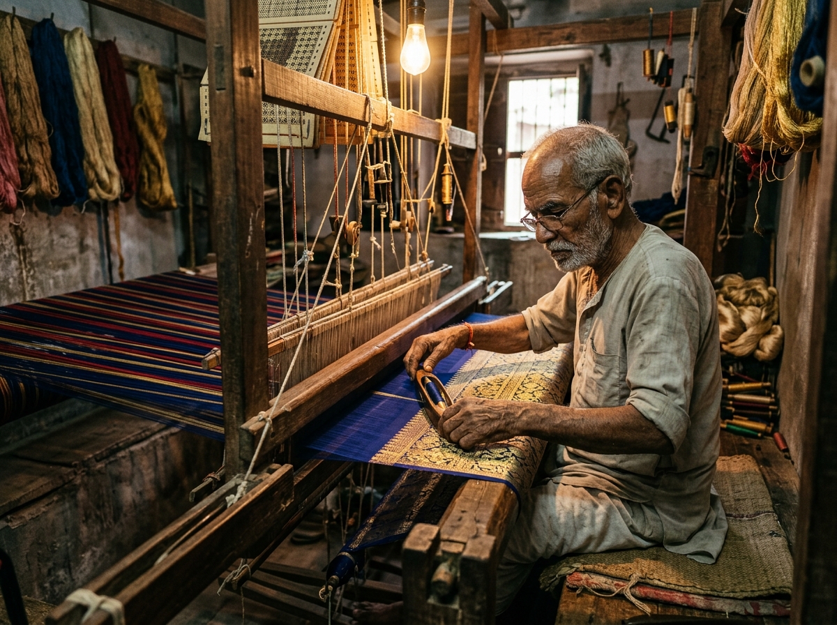 Master Weaver crafting pure silk saree at traditional loom